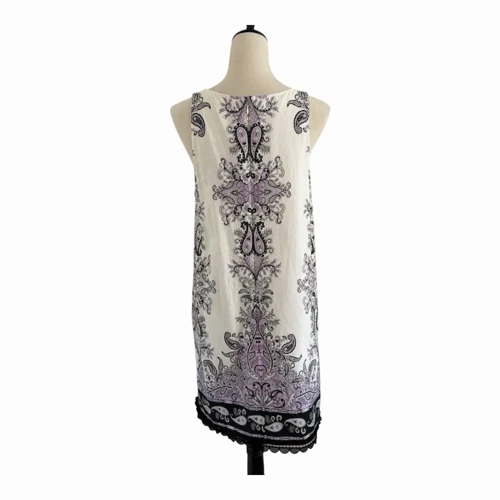 Loft Linen Blend Sleeveless Dress Womens Size 10 Cream Purple Lace Trim Paisley